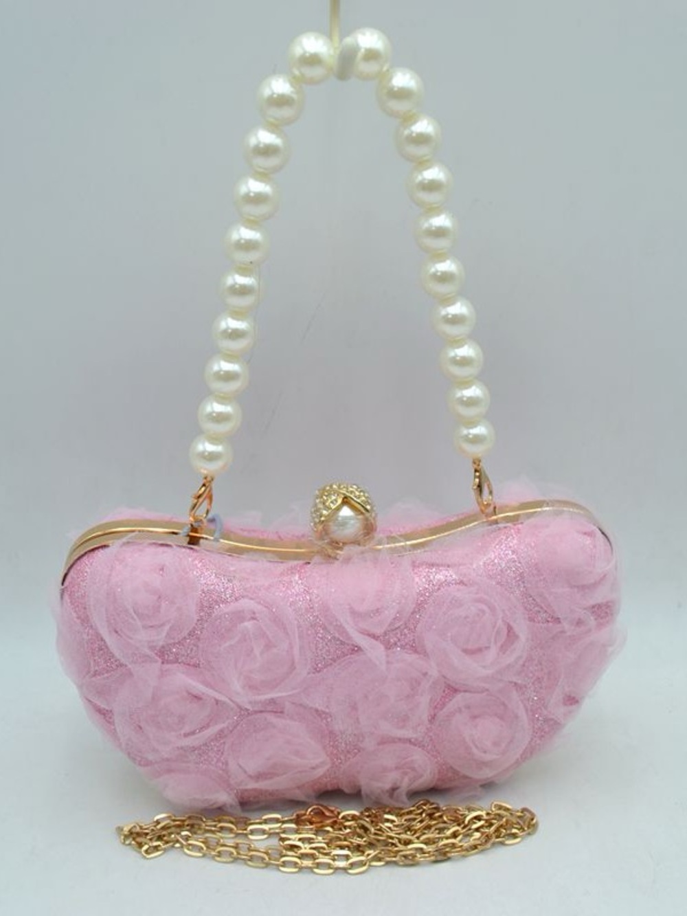 Elegant Pink Rose Pearl-Handle Evening Bag